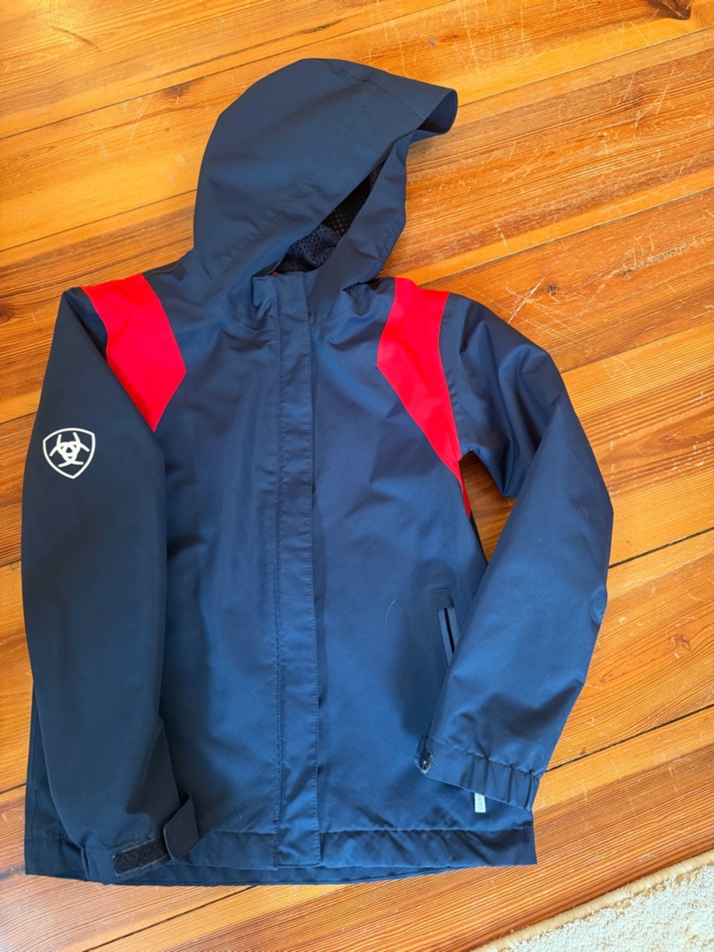 Ariat Kids Navy Hooded Rain Jacket with Red Shoulder Panels